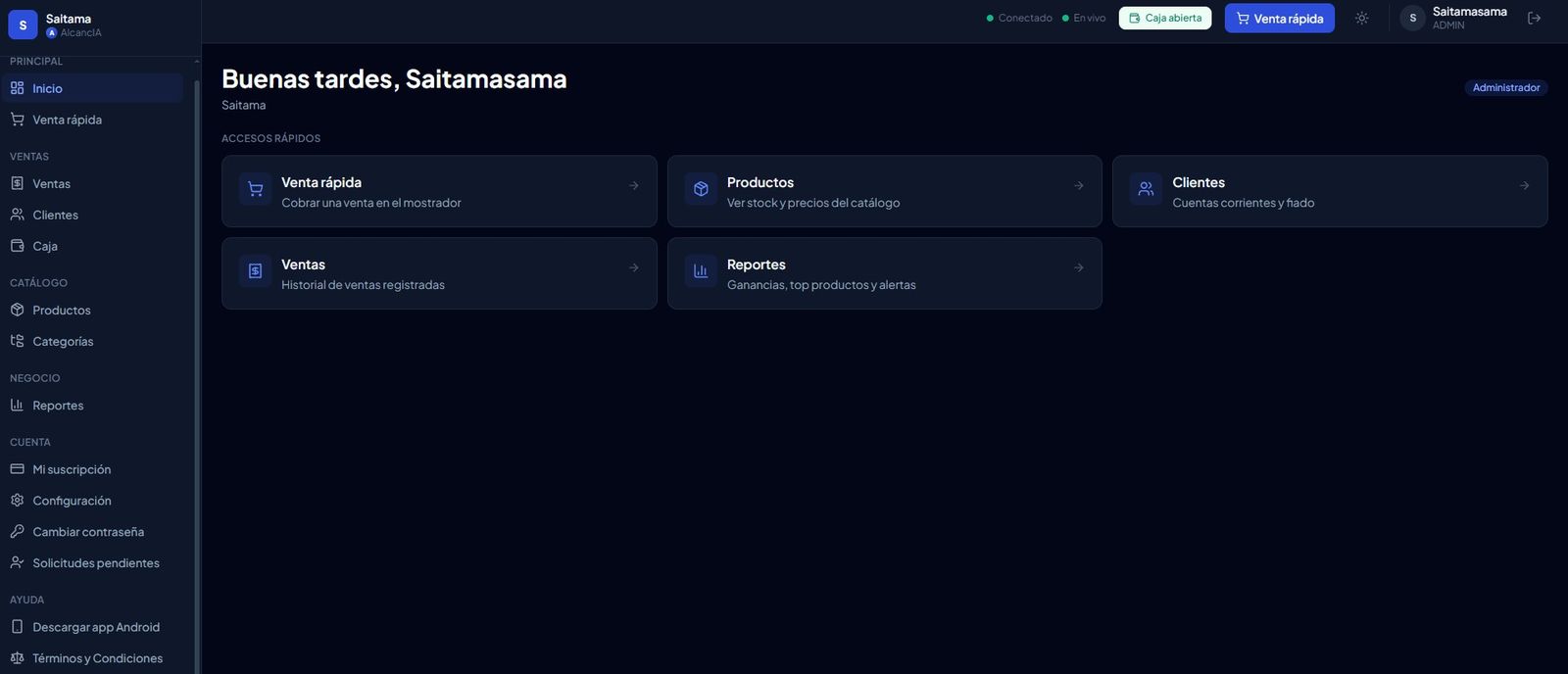 Captura de la app AlcancIA: panel de inicio con accesos a venta rápida, productos, clientes, caja y reportes del comercio