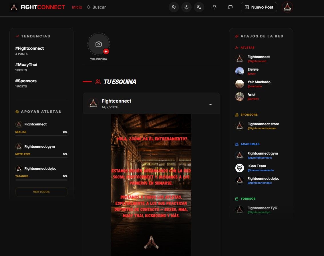 Captura de la app FightConnect: feed de la red social con tendencias, publicaciones de atletas y accesos a gimnasios y sponsors